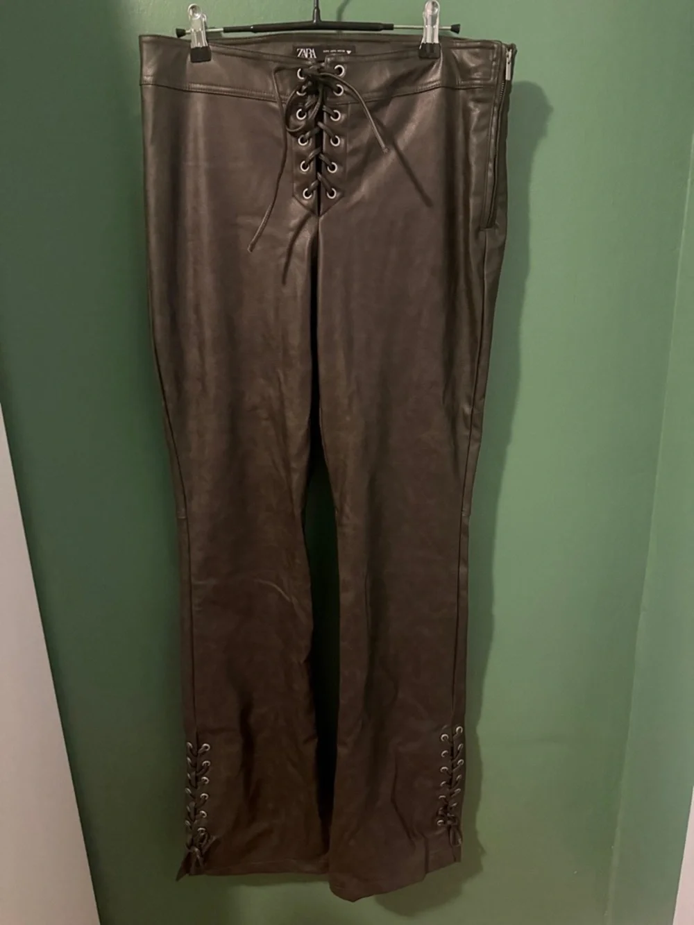 Zara Distressed Faux Leather Lace-Up Front & Hem Pants - Picture 1 of 4